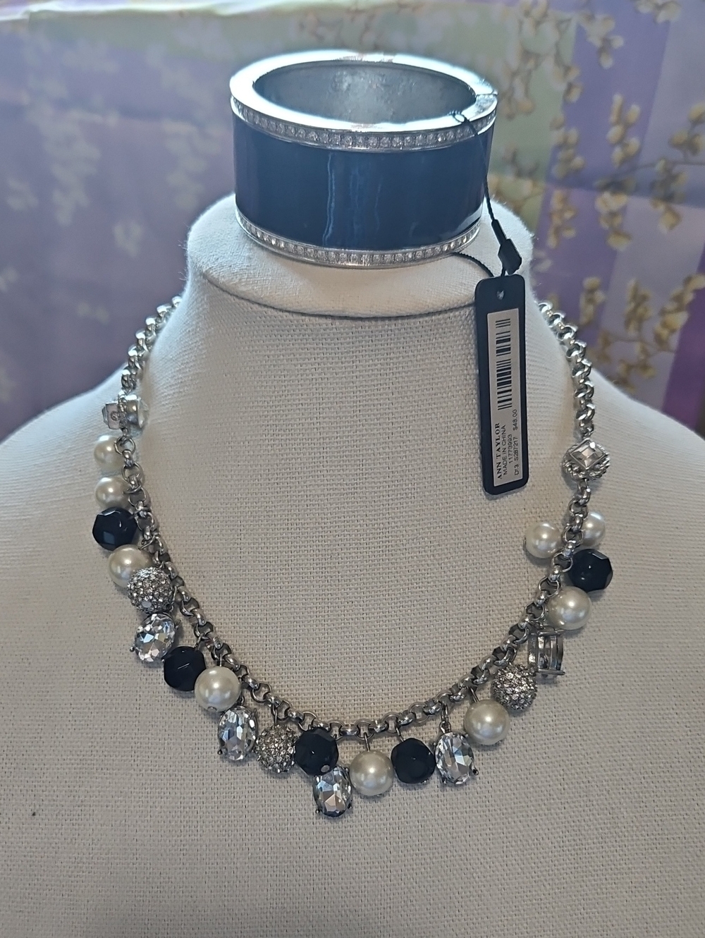 Ann Taylor Black, Silver, Rhinestone & Pearl Statement Necklace & Matching Cuff